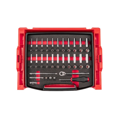 Tekton 52pc 1/4 In. Dr. 6 and 12-Pt Socket and Ratchet Set with Open Top Drawer and Rack 5/32-9/16 in. OLB94301